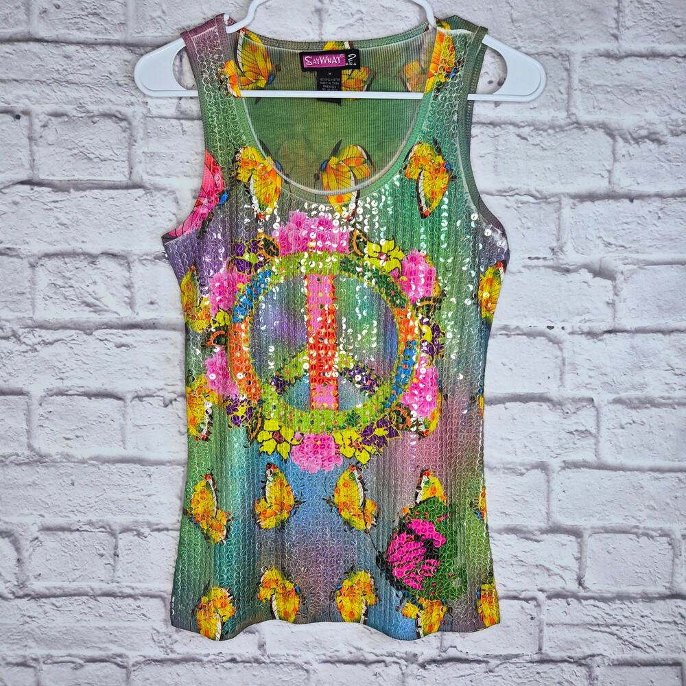 VTG Y2K Say What Seauin Peace Sign Butterfly Tank Top M Fairy Rave Colorful